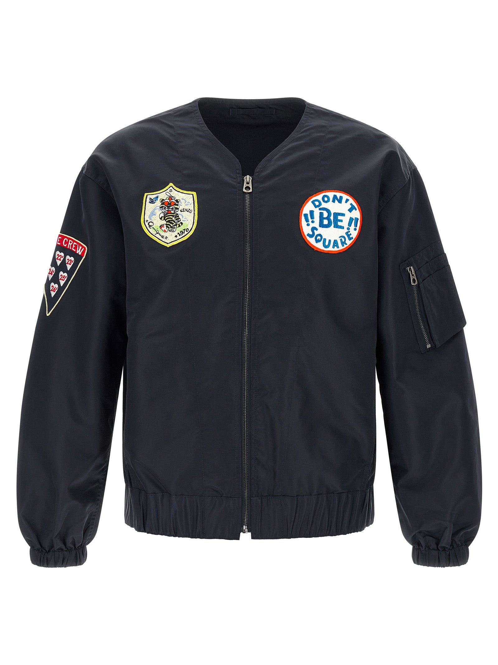 badges collarless bomber jacket