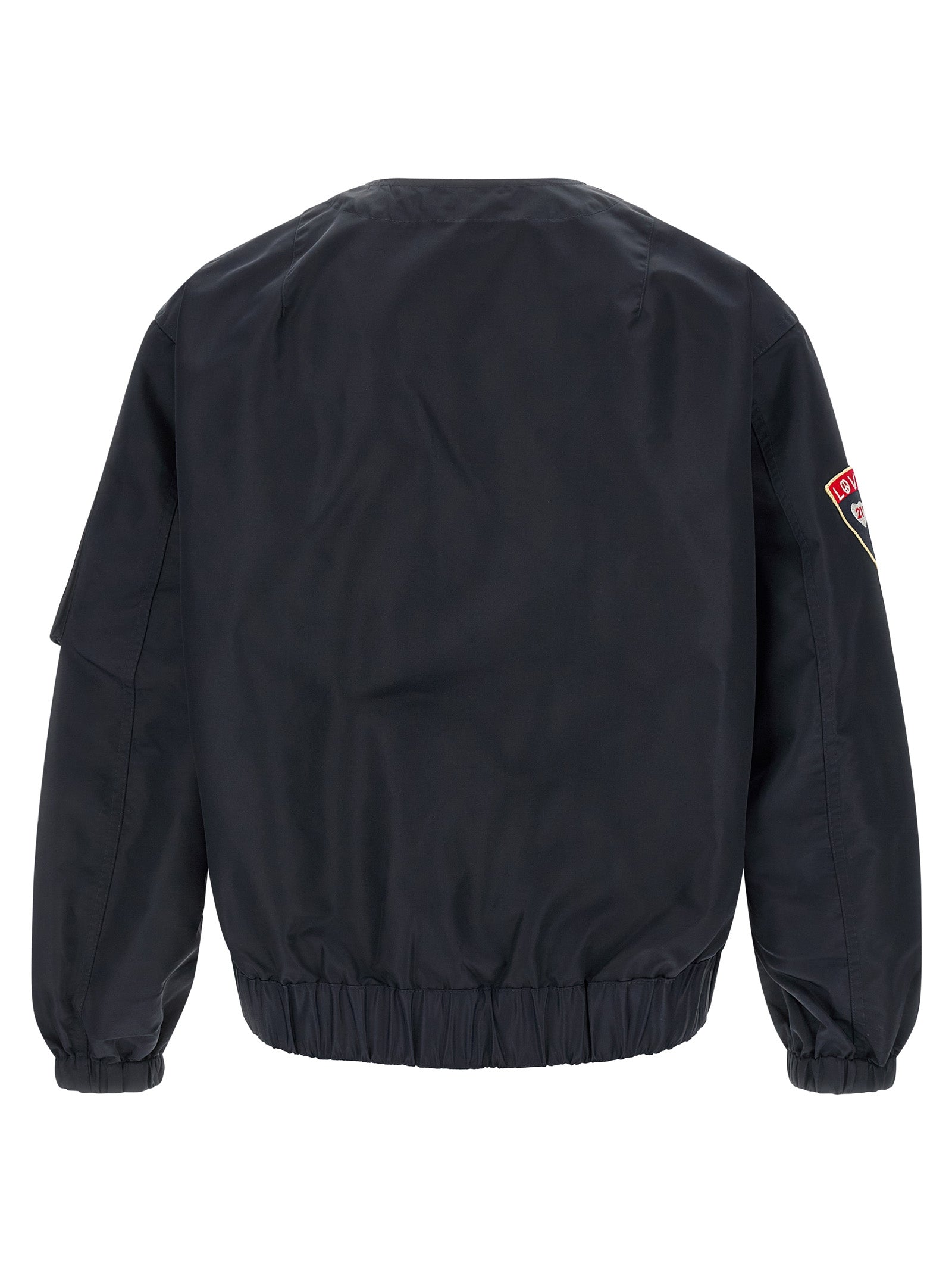 badges collarless bomber jacket