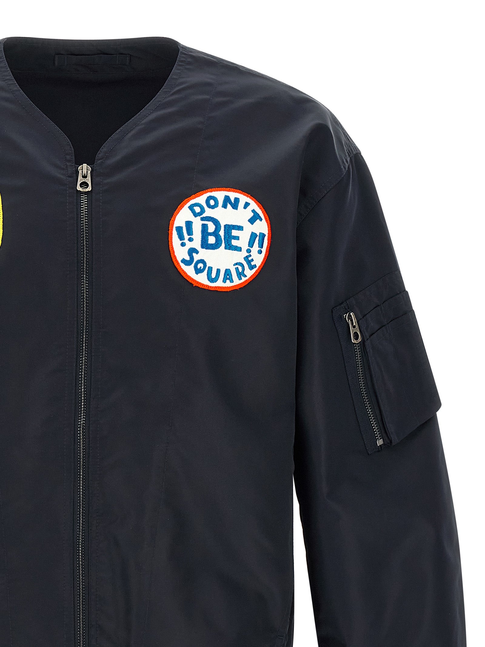 badges collarless bomber jacket