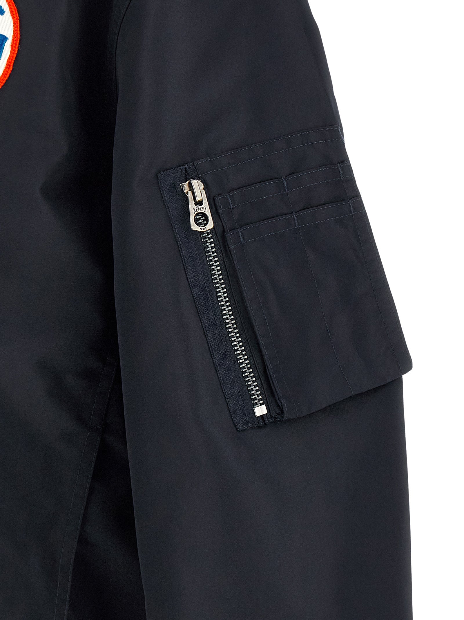 badges collarless bomber jacket